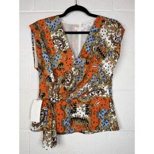 Cache Blouse Top XS Orange Blue Baroque Scarf Print Wrap Tie Side NWT